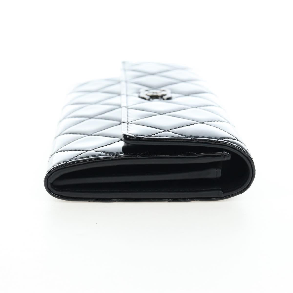 CHANEL Brilliant Matelasse Long Wallet Patent Black Silver CC Auth 194160M