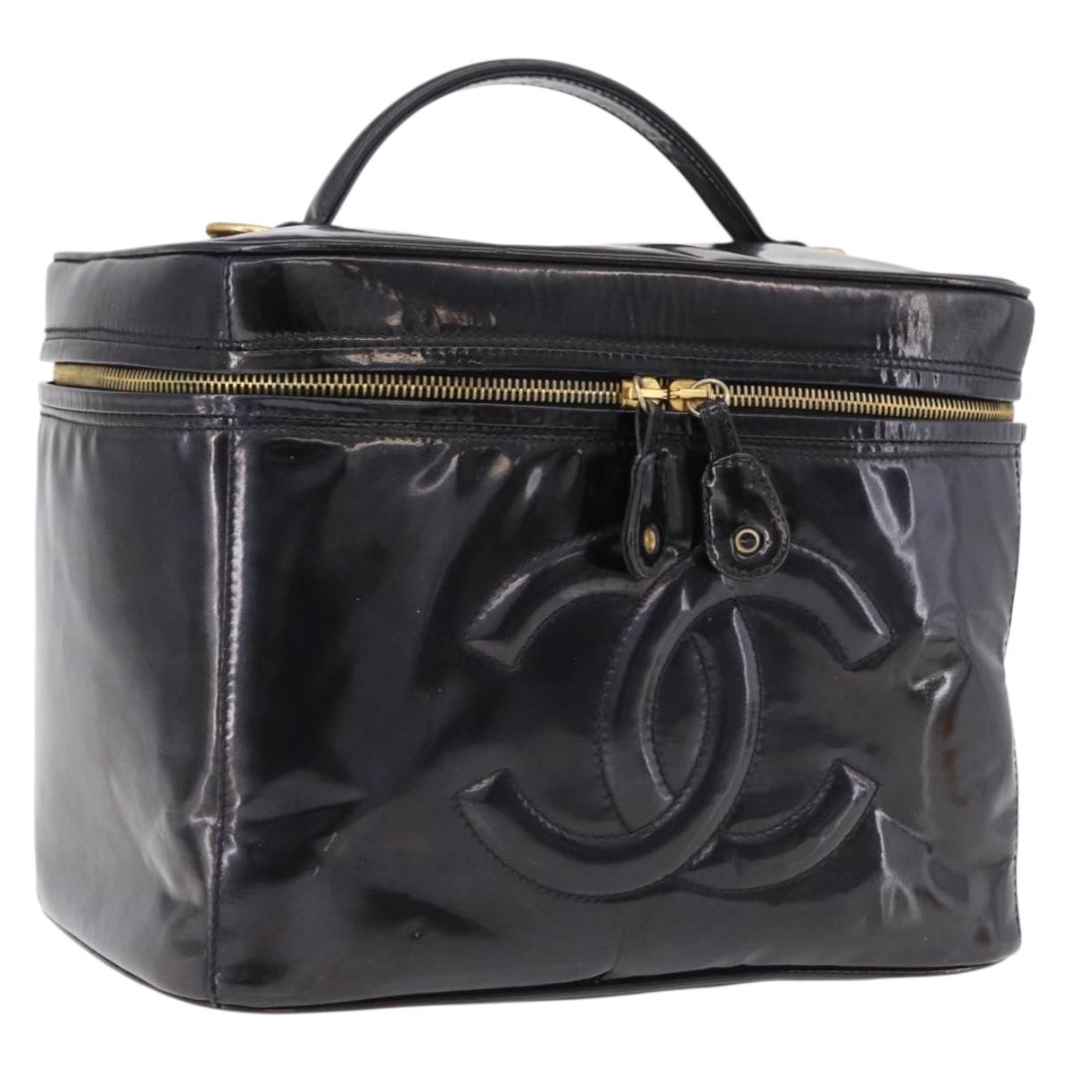 CHANEL COCO Mark Vanity Cosmetic Pouch Patent Black Gold Tone CC Auth 194162