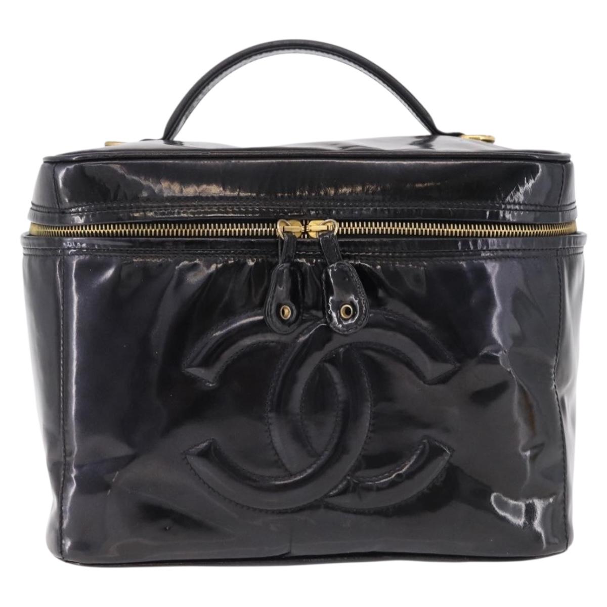 CHANEL COCO Mark Vanity Cosmetic Pouch Patent Black Gold Tone CC Auth 194162