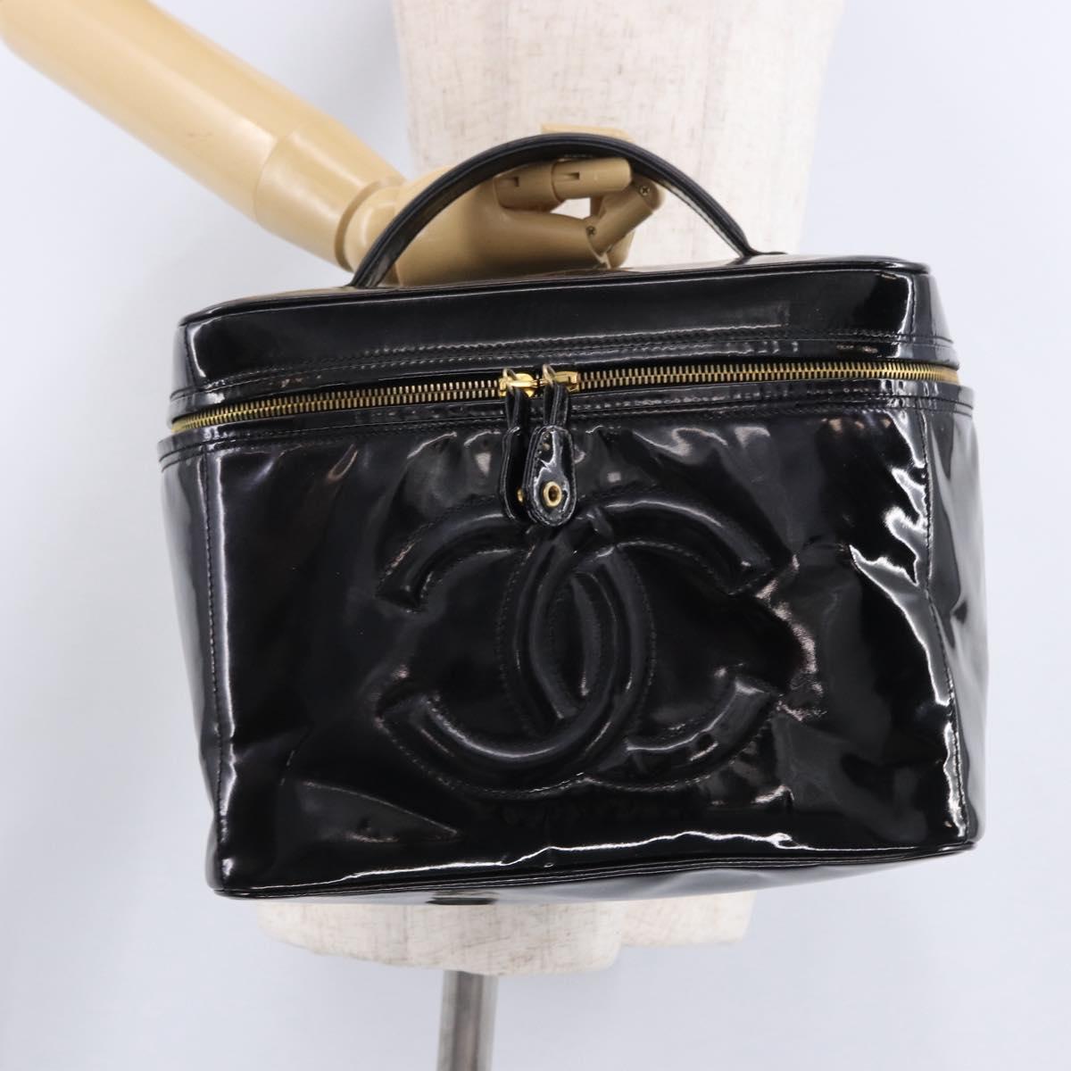 CHANEL COCO Mark Vanity Cosmetic Pouch Patent Black Gold Tone CC Auth 194162