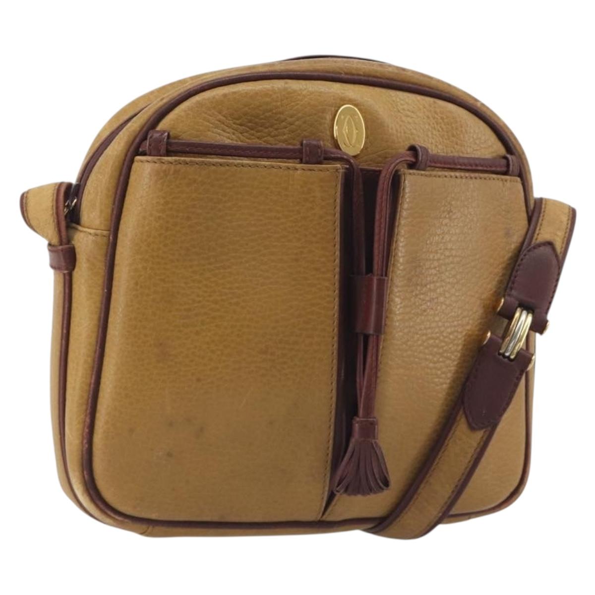 CARTIER Must Line Shoulder Bag Leather Beige Gold Auth 194176