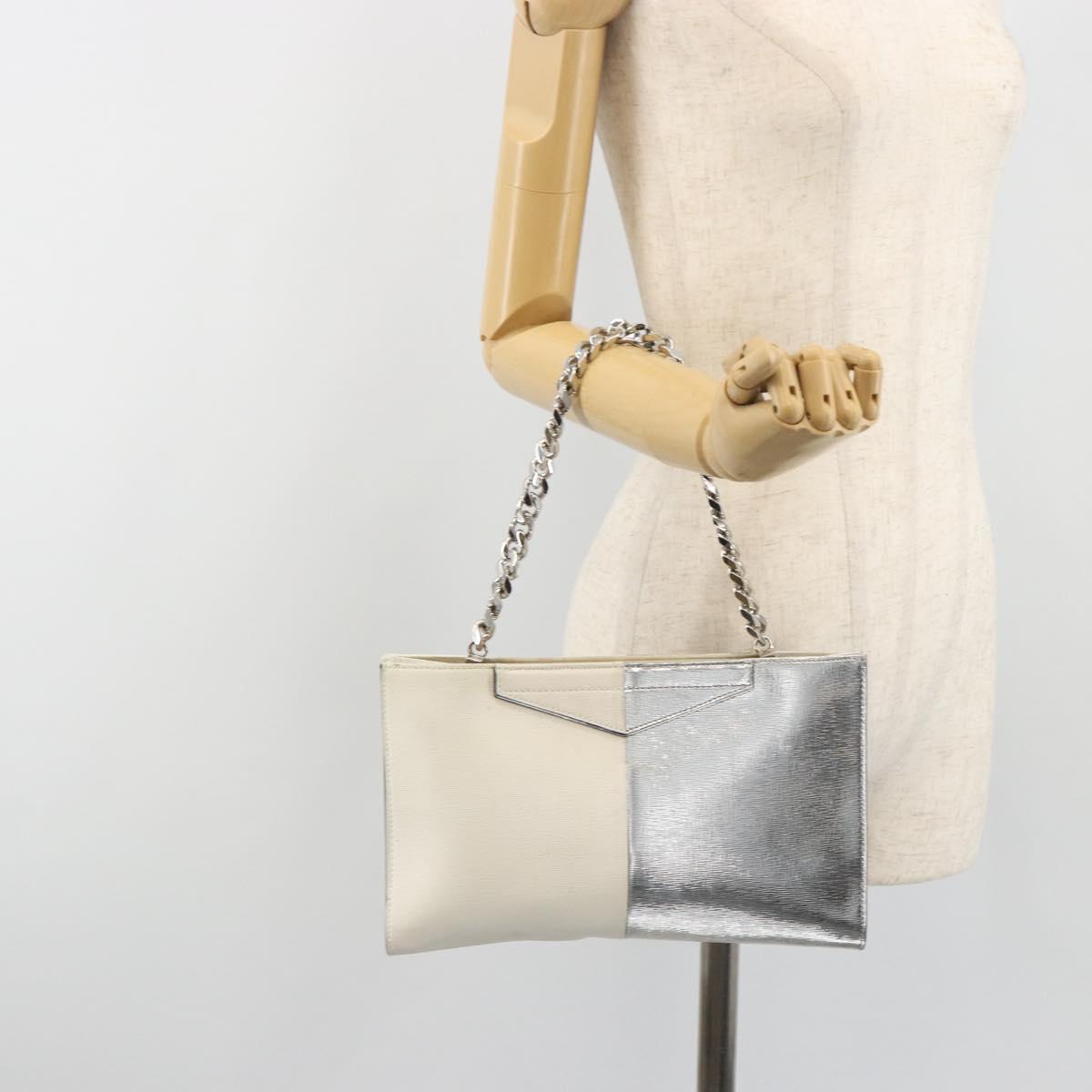 FENDI Chain Hand Bag Leather Silver White Auth 194186