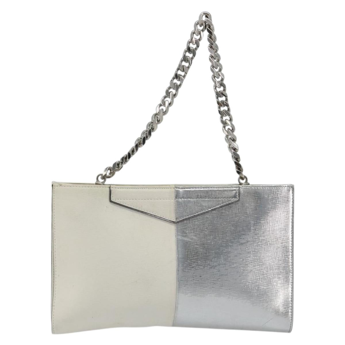 FENDI Chain Hand Bag Leather Silver White Auth 194186