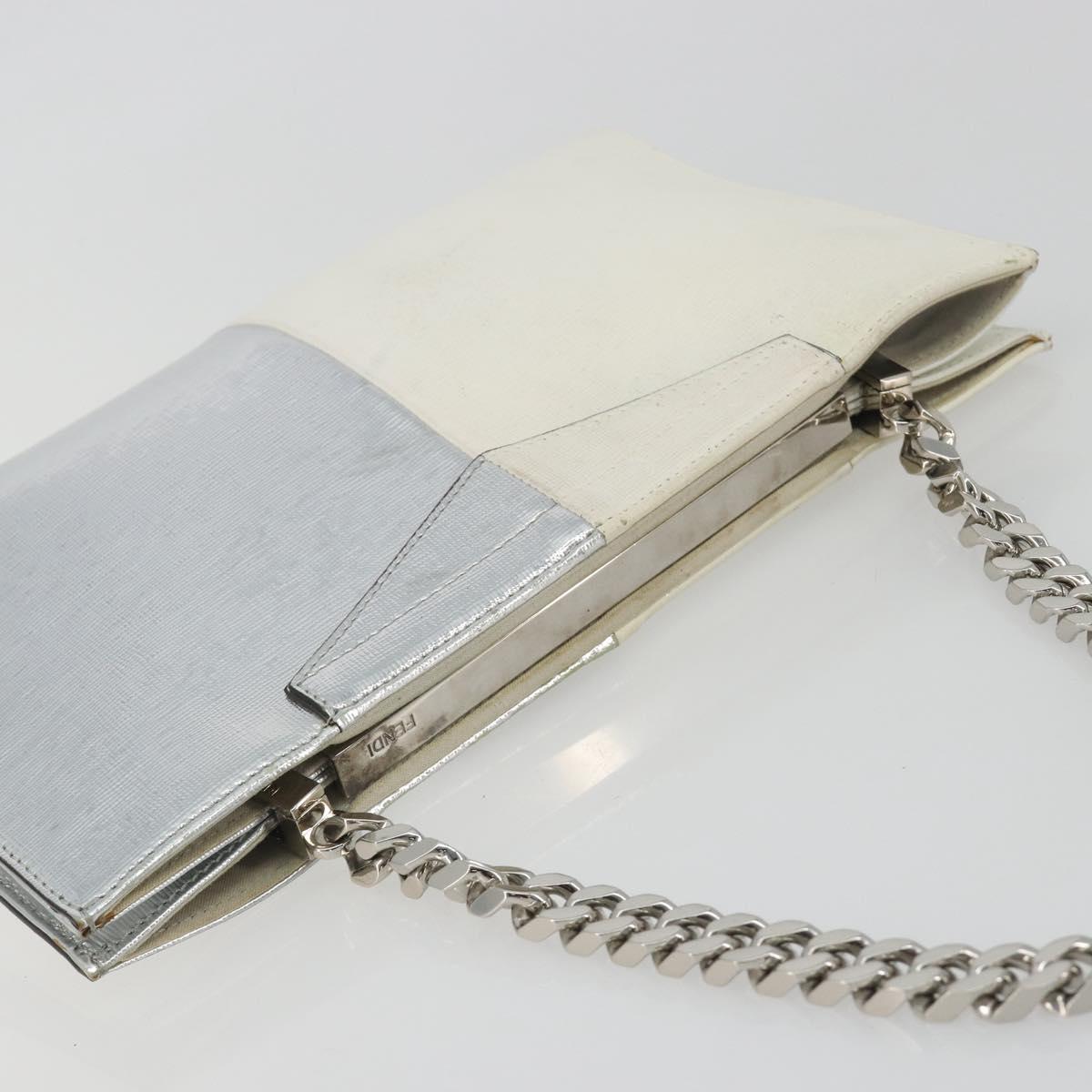 FENDI Chain Hand Bag Leather Silver White Auth 194186