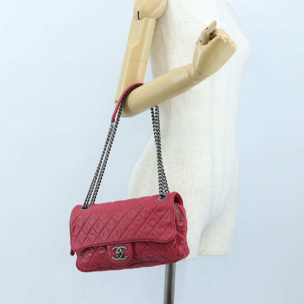 CHANEL Matelasse Chain Shoulder Bag Leather Pink Silver CC Auth 194187V