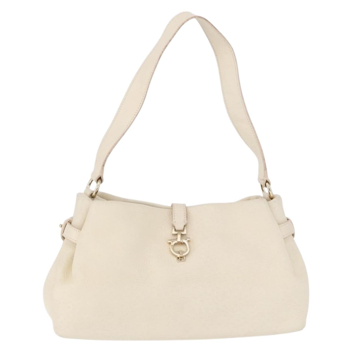 Salvatore Ferragamo Gancini Hand Bag Leather White Gold Tone Auth 194209A