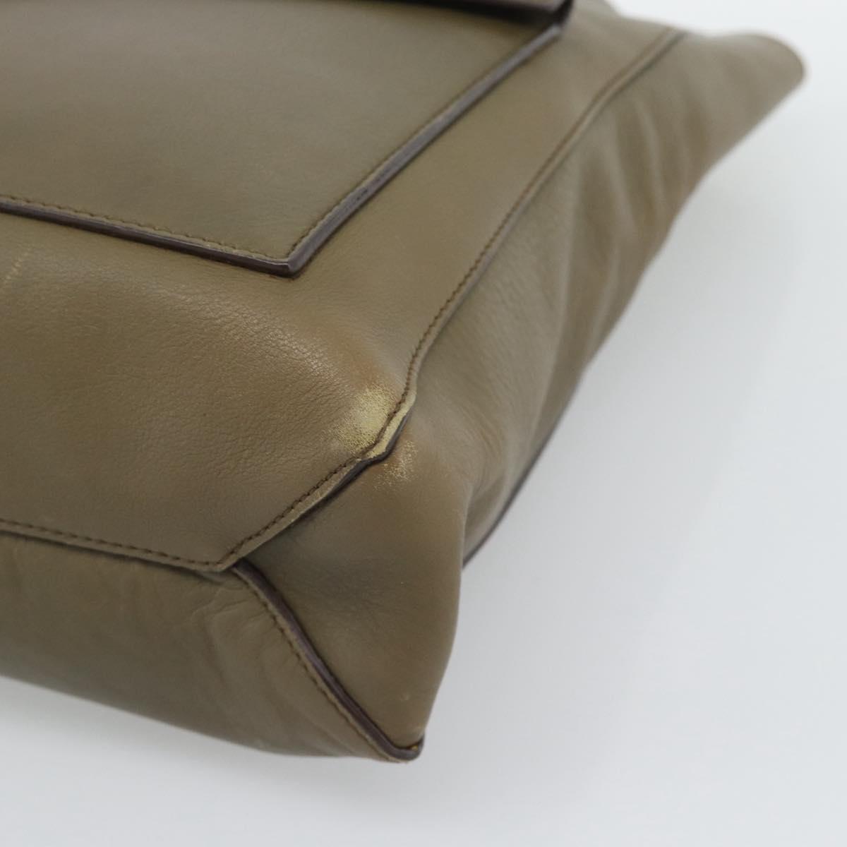 CELINE Chain Tote Bag Leather Khaki Gold Tone Auth 194216