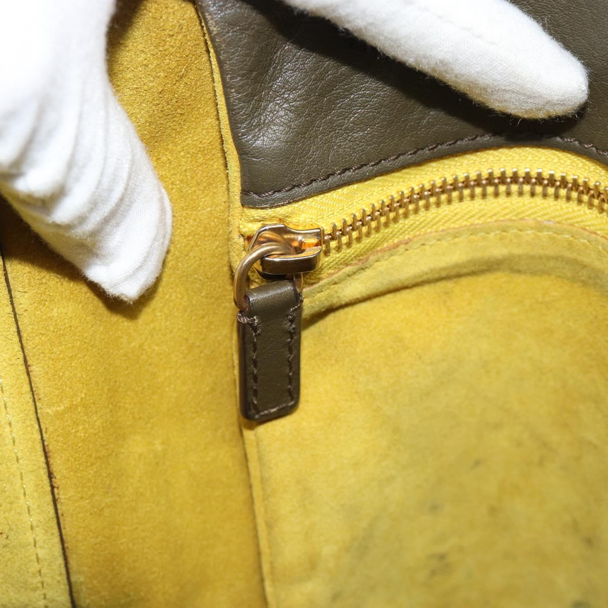 CELINE Chain Tote Bag Leather Khaki Gold Tone Auth 194216