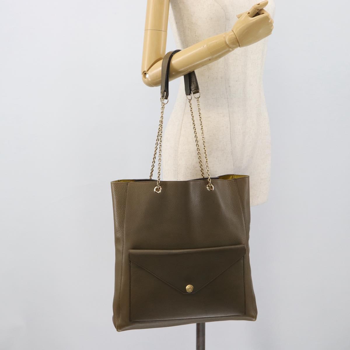 CELINE Chain Tote Bag Leather Khaki Gold Tone Auth 194216