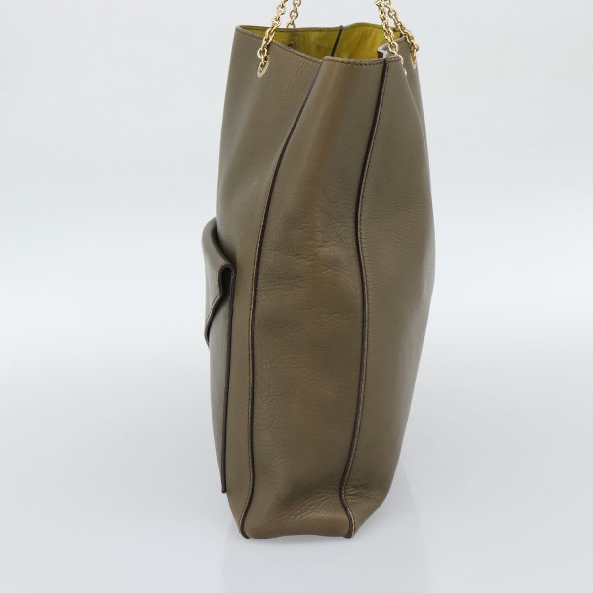 CELINE Chain Tote Bag Leather Khaki Gold Tone Auth 194216