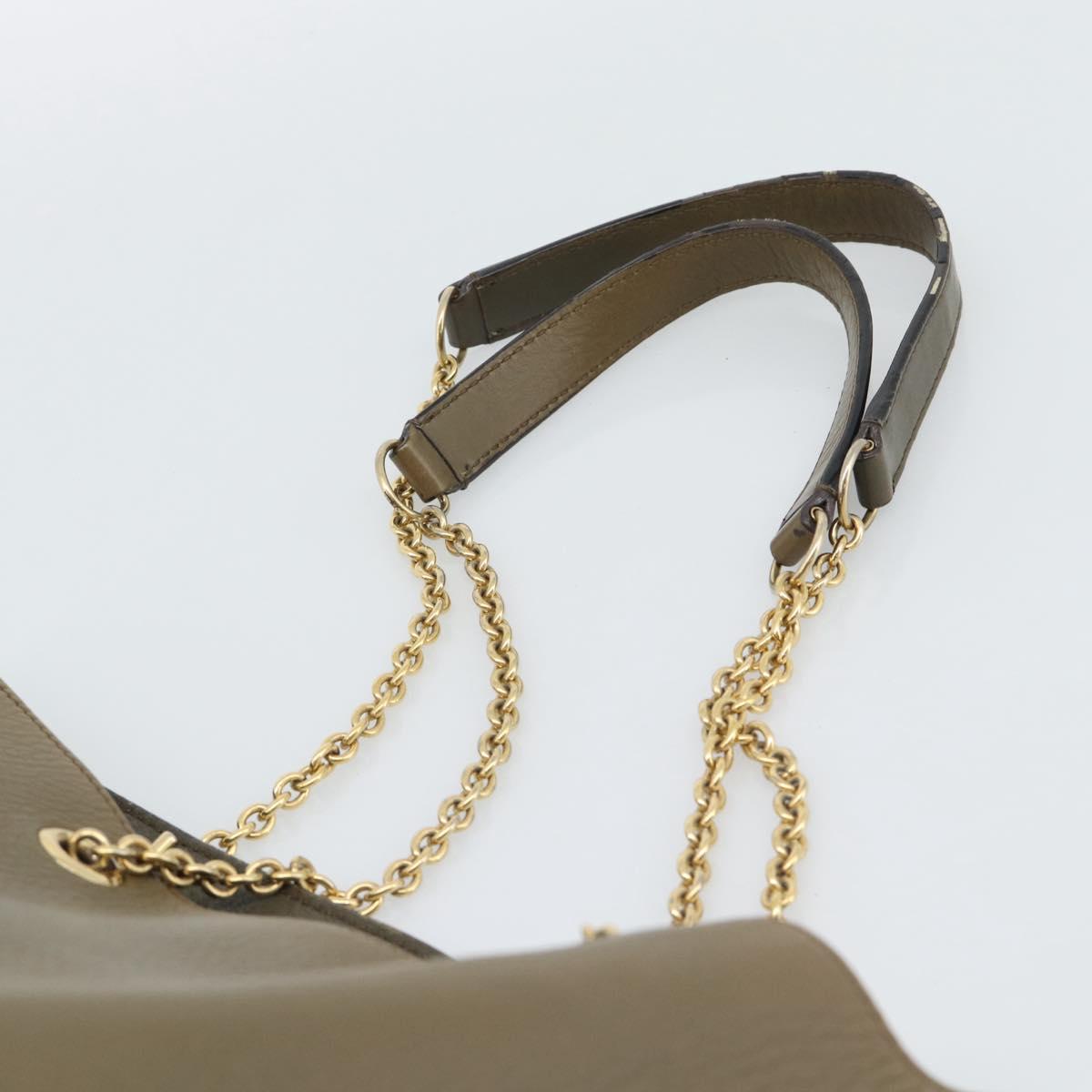 CELINE Chain Tote Bag Leather Khaki Gold Tone Auth 194216