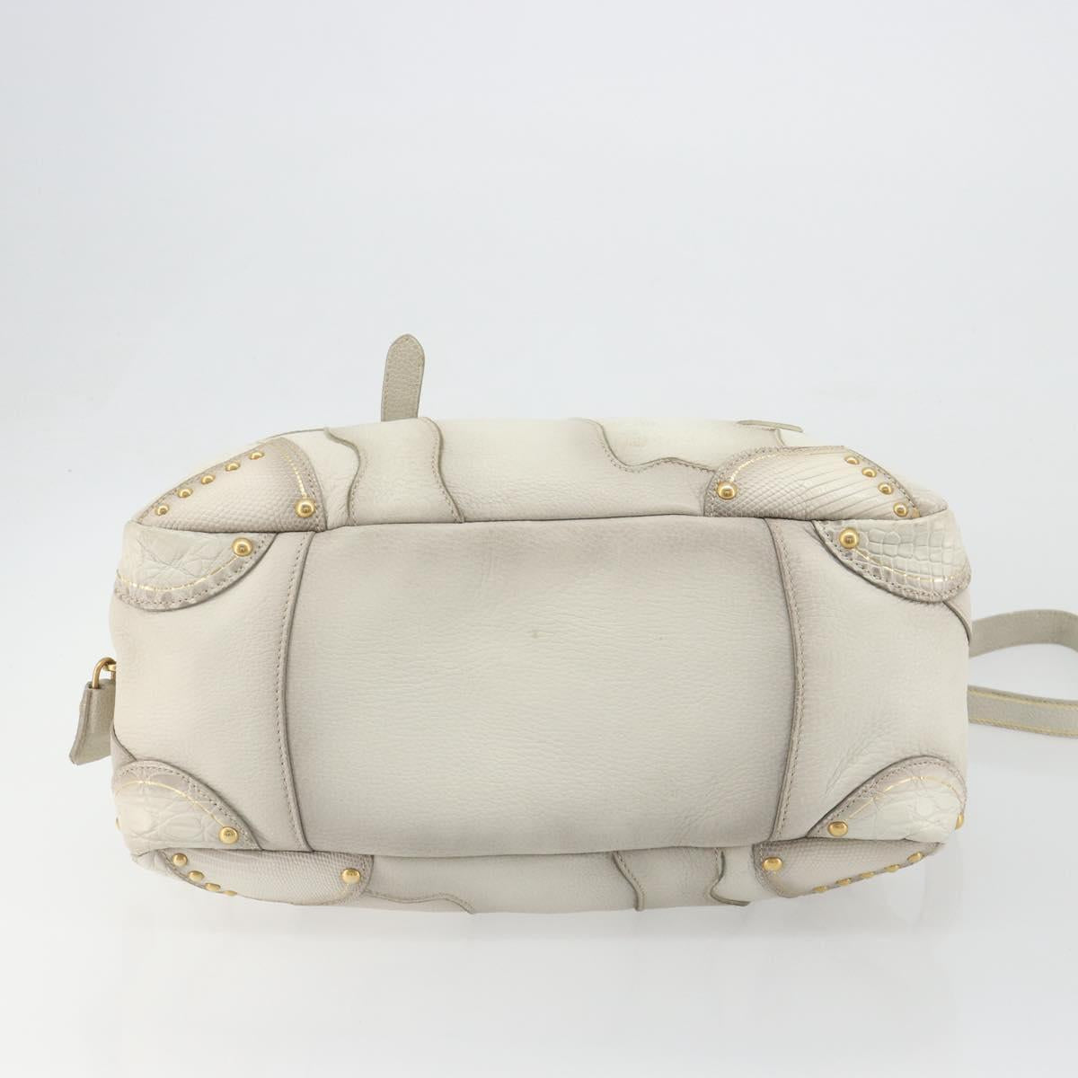 PRADA Hand Bag Embossed Leather 2way White Gold Auth 194231