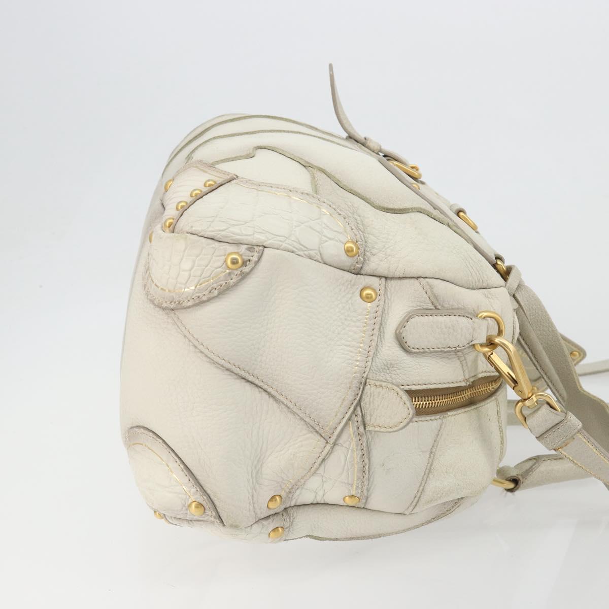 PRADA Hand Bag Embossed Leather 2way White Gold Auth 194231