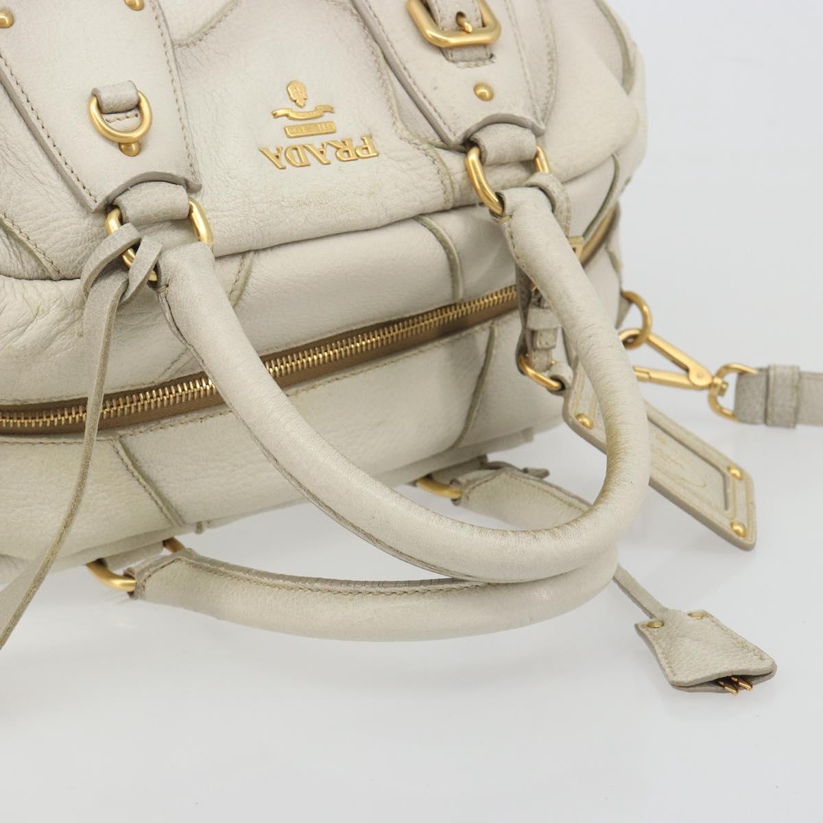 PRADA Hand Bag Embossed Leather 2way White Gold Auth 194231