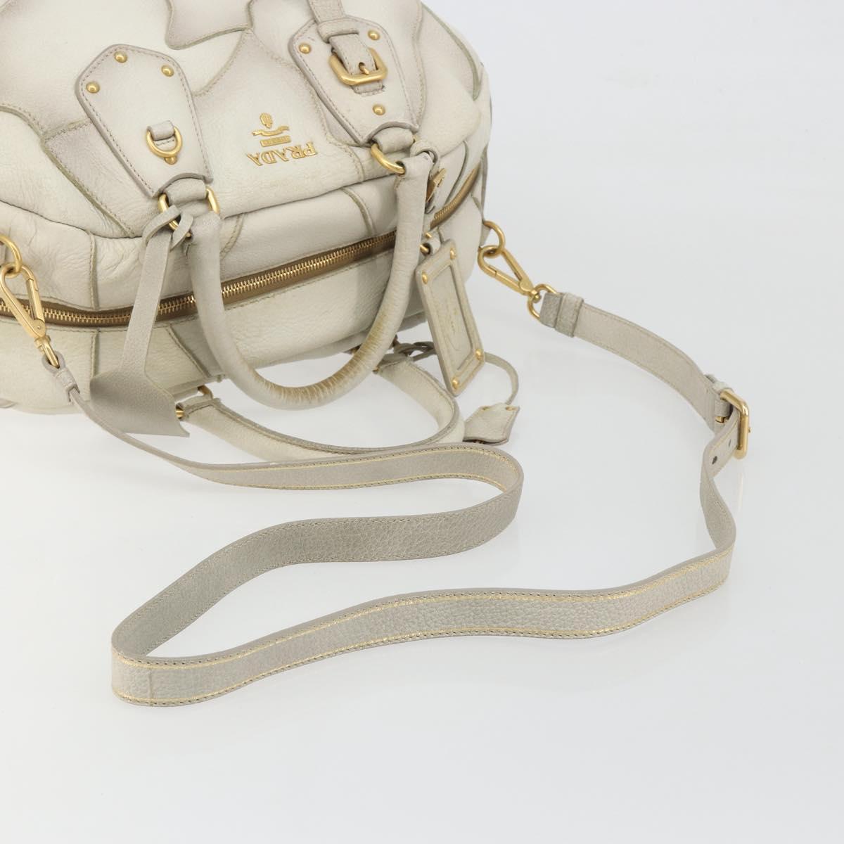 PRADA Hand Bag Embossed Leather 2way White Gold Auth 194231