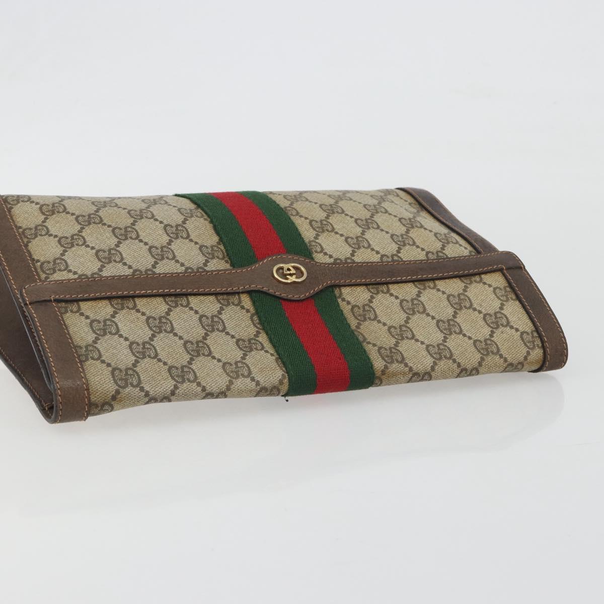 GUCCI PARFUMS GG Supreme Web Sherry Line Clutch Bag PVC Beige Gold Auth 194232
