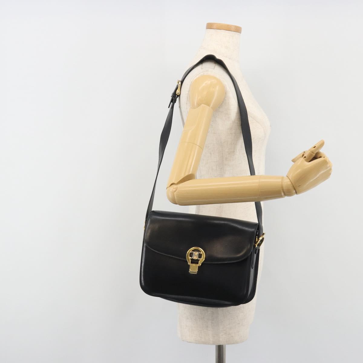 CELINE Shoulder Bag Leather Black Gold Auth 194233