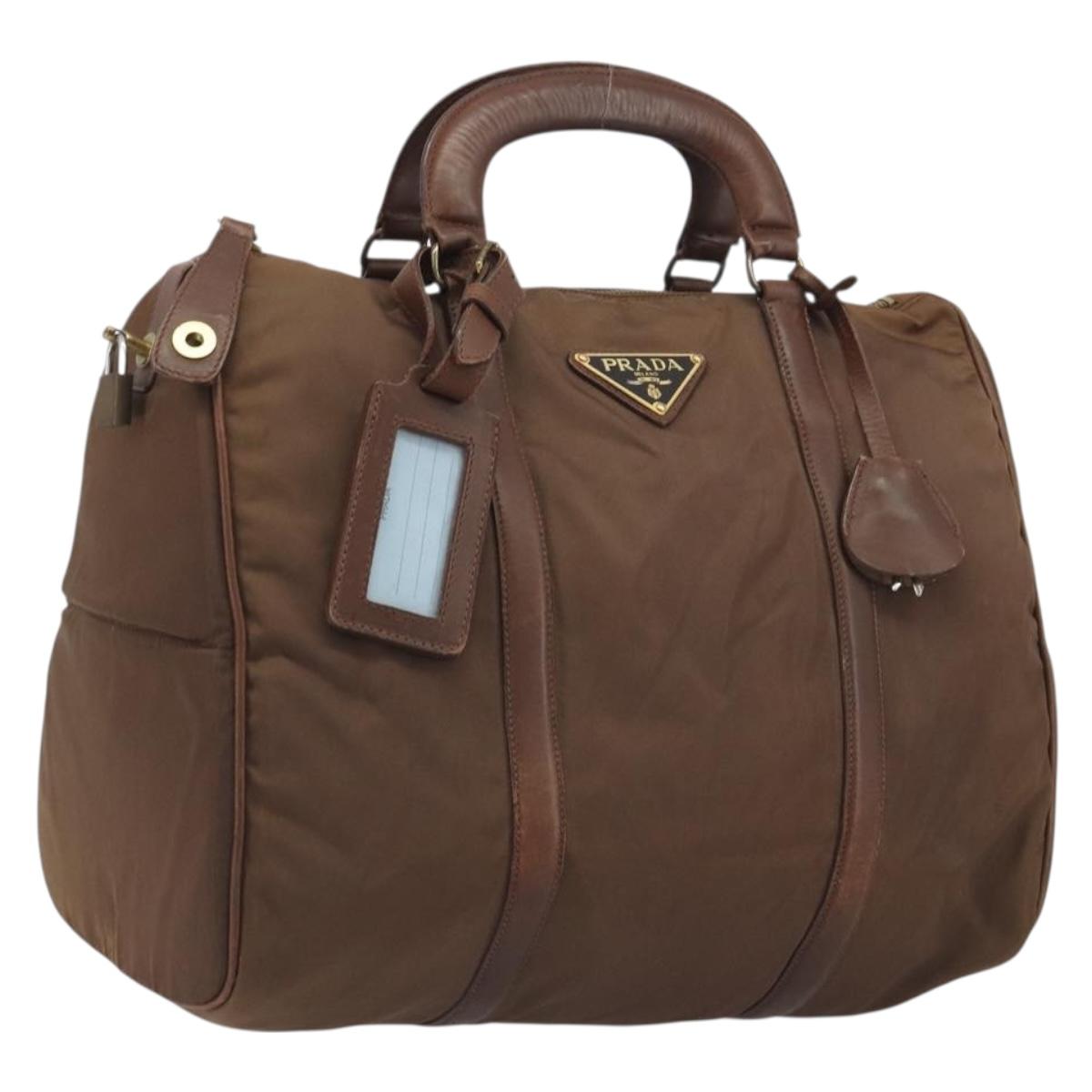 PRADA Hand Bag Nylon Brown Gold Auth 194238