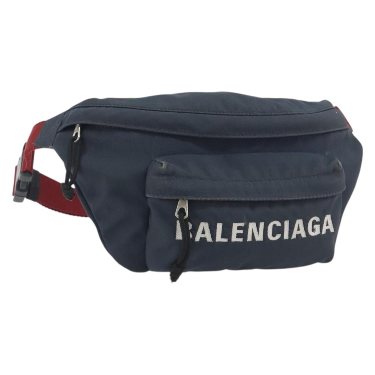 BALENCIAGA Body Bag Canvas Navy Silver Auth 194239