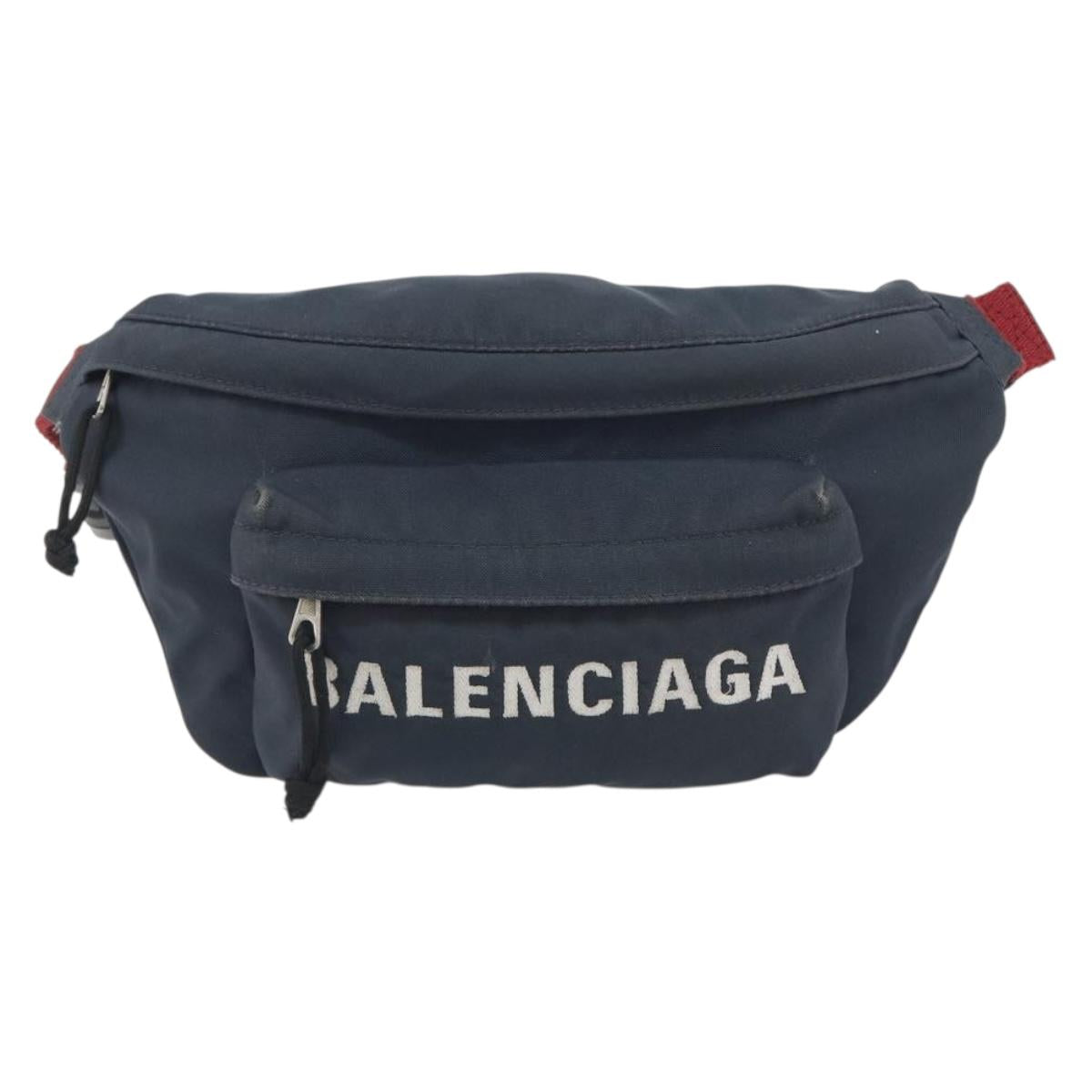 BALENCIAGA Body Bag Canvas Navy Silver Auth 194239