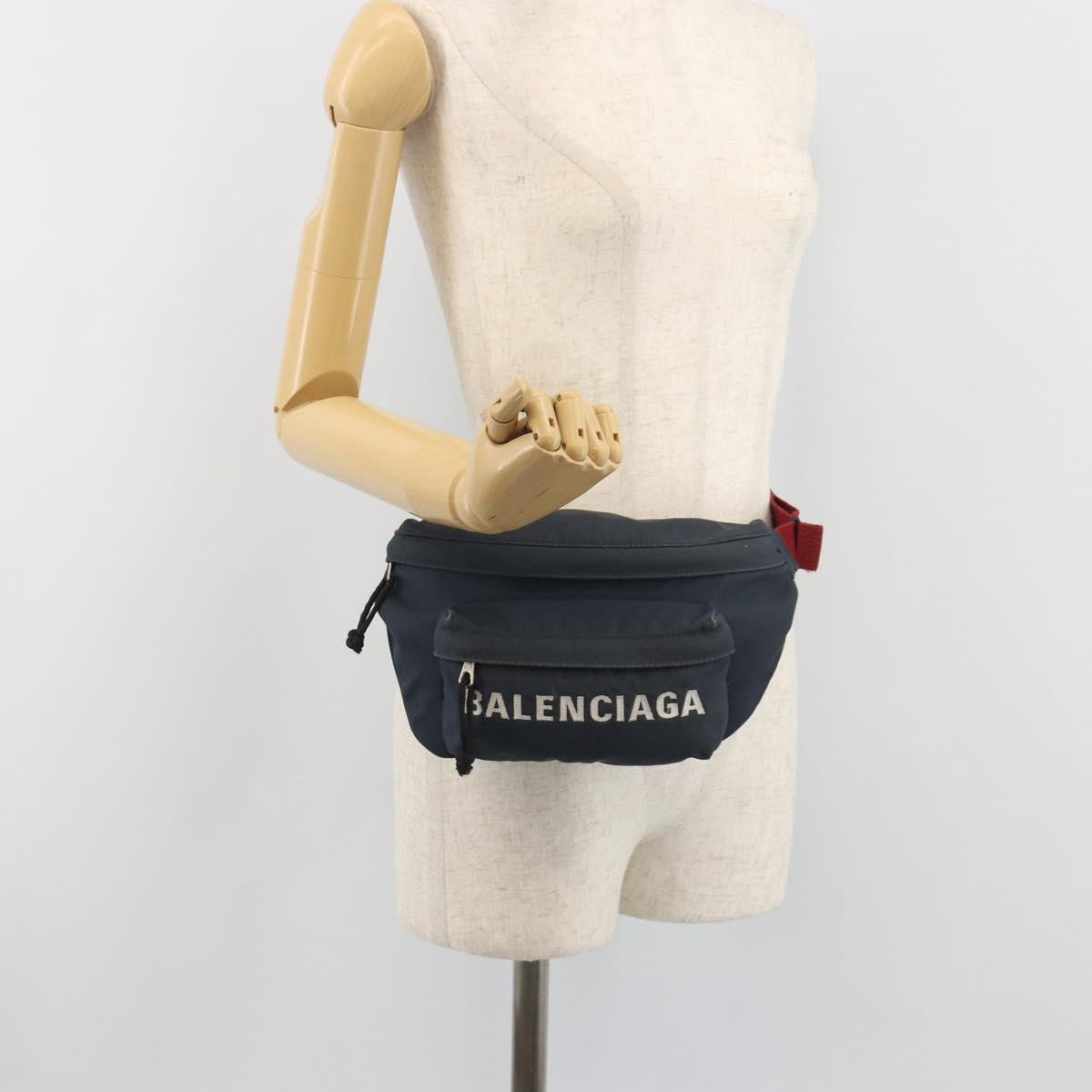 BALENCIAGA Body Bag Canvas Navy Silver Auth 194239