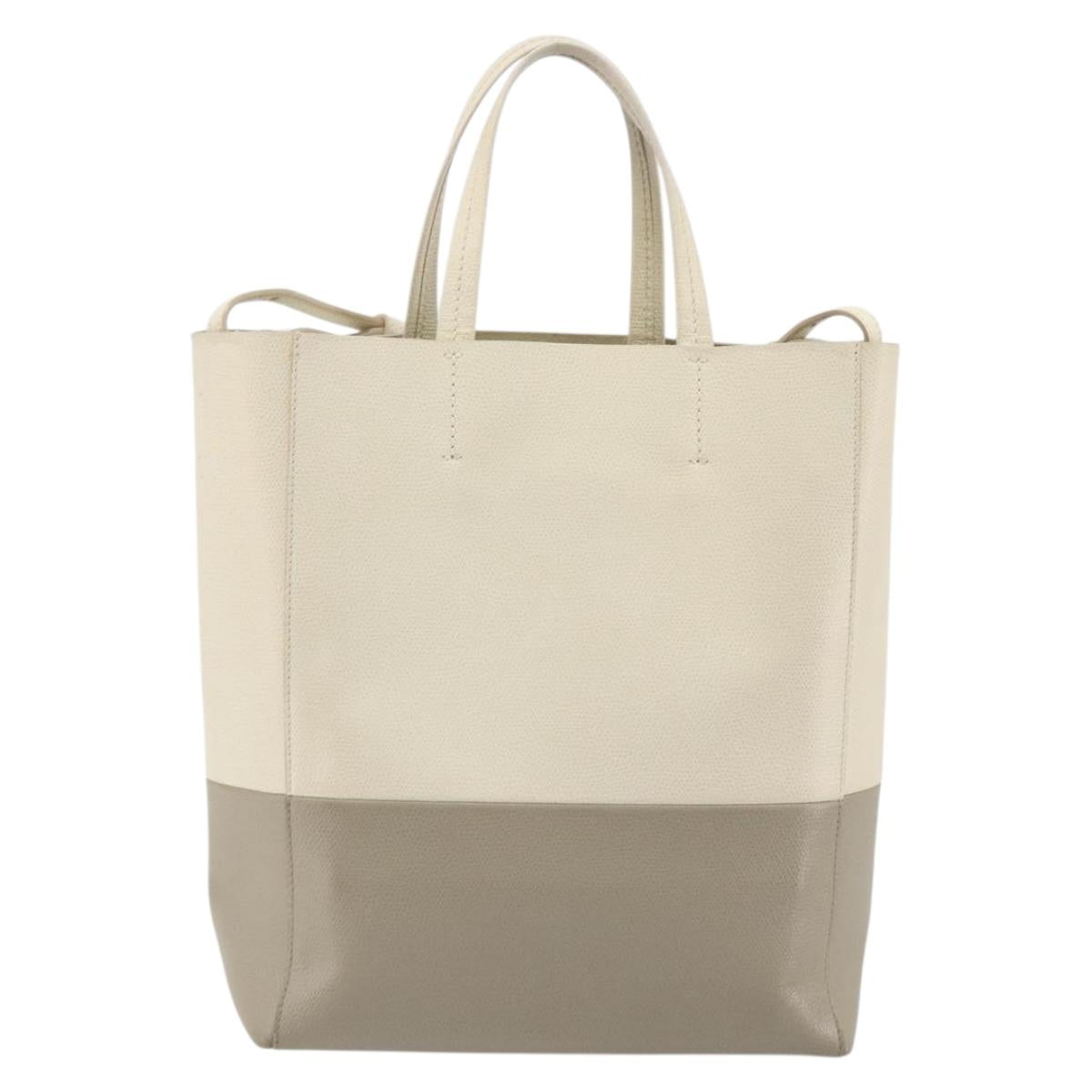 CELINE Vertical Cabas Small Hand Bag Calf Skin 2way White Gray gold Auth 194240