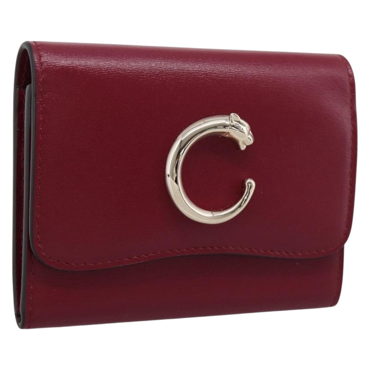 CARTIER PANTHERE Coin Purse Leather Bordeaux Gold Tone Auth 194267M