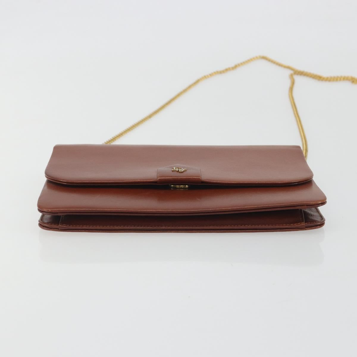 Christian Dior Chain Shoulder Bag Leather Brown Gold Auth 194279