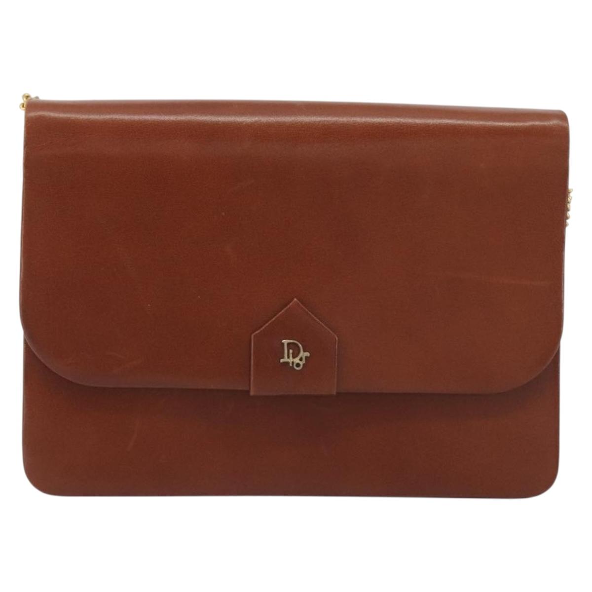 Christian Dior Chain Shoulder Bag Leather Brown Gold Auth 194279