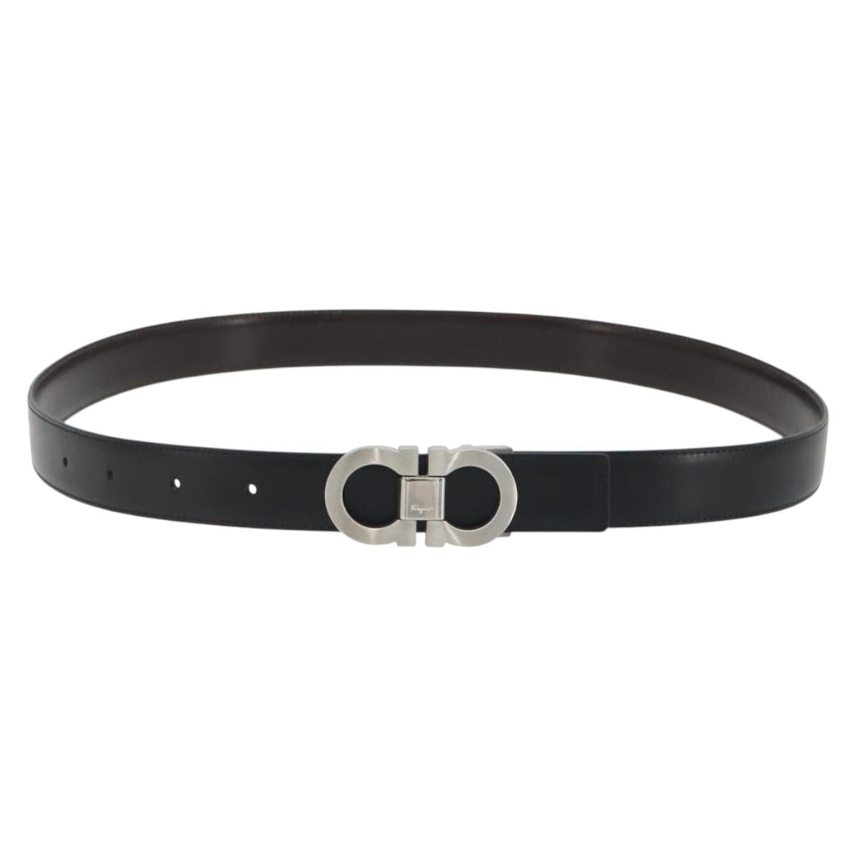 Salvatore Ferragamo Gancini Belt Leather 43.3"" Black Silver Auth 194287A