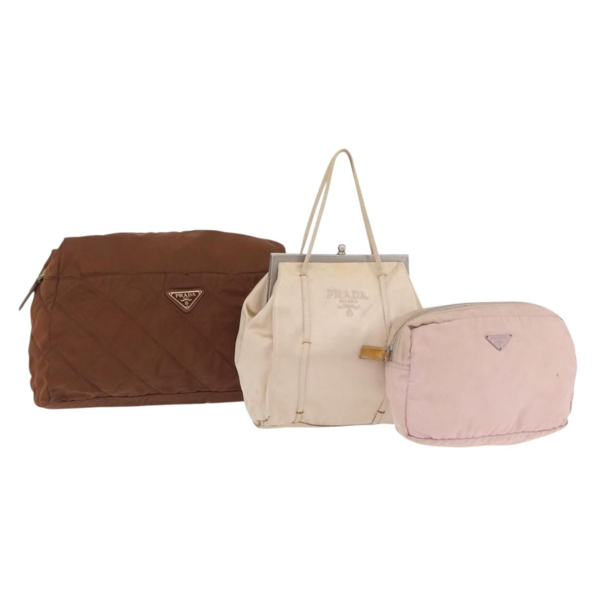 PRADA Pouch Hand Bag Nylon Satin 3 Set Beige Brown Auth 194289