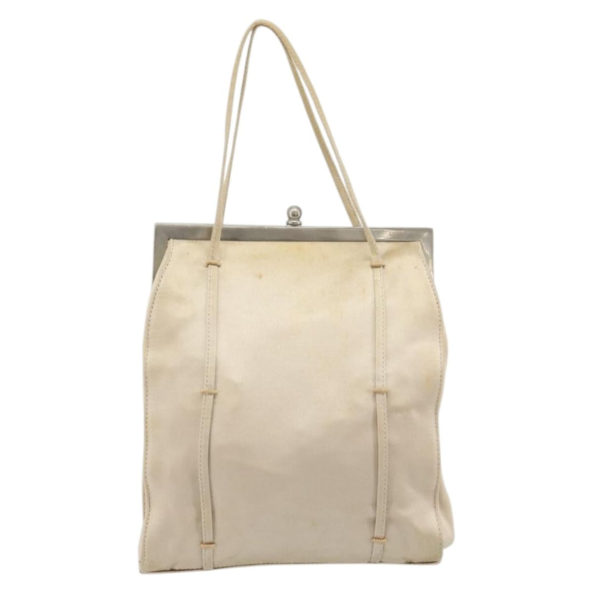 PRADA Hand Bag Satin Beige Silver Auth 194289