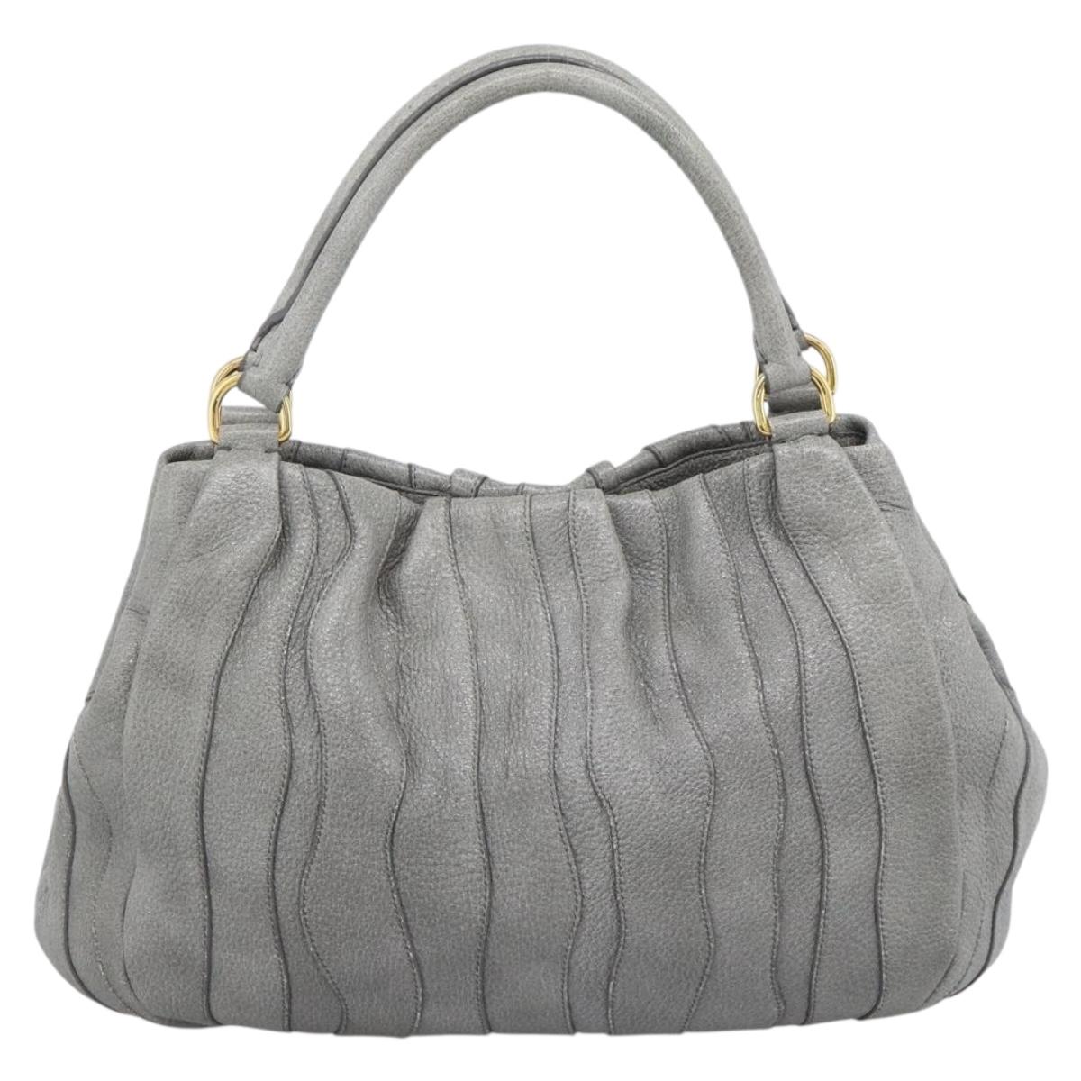 PRADA Hand Bag Leather Gray Gold Auth 194293V