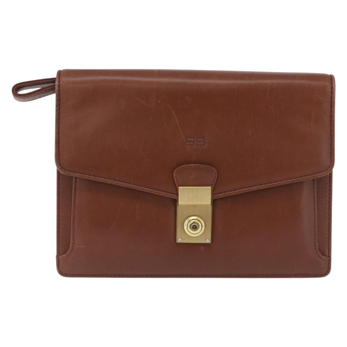 BALENCIAGA Clutch Bag Leather Brown Gold Auth 194296