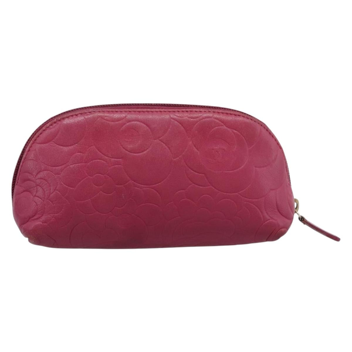 CHANEL Camelia Pouch Leather Pink Gold Tone CC Auth 194298
