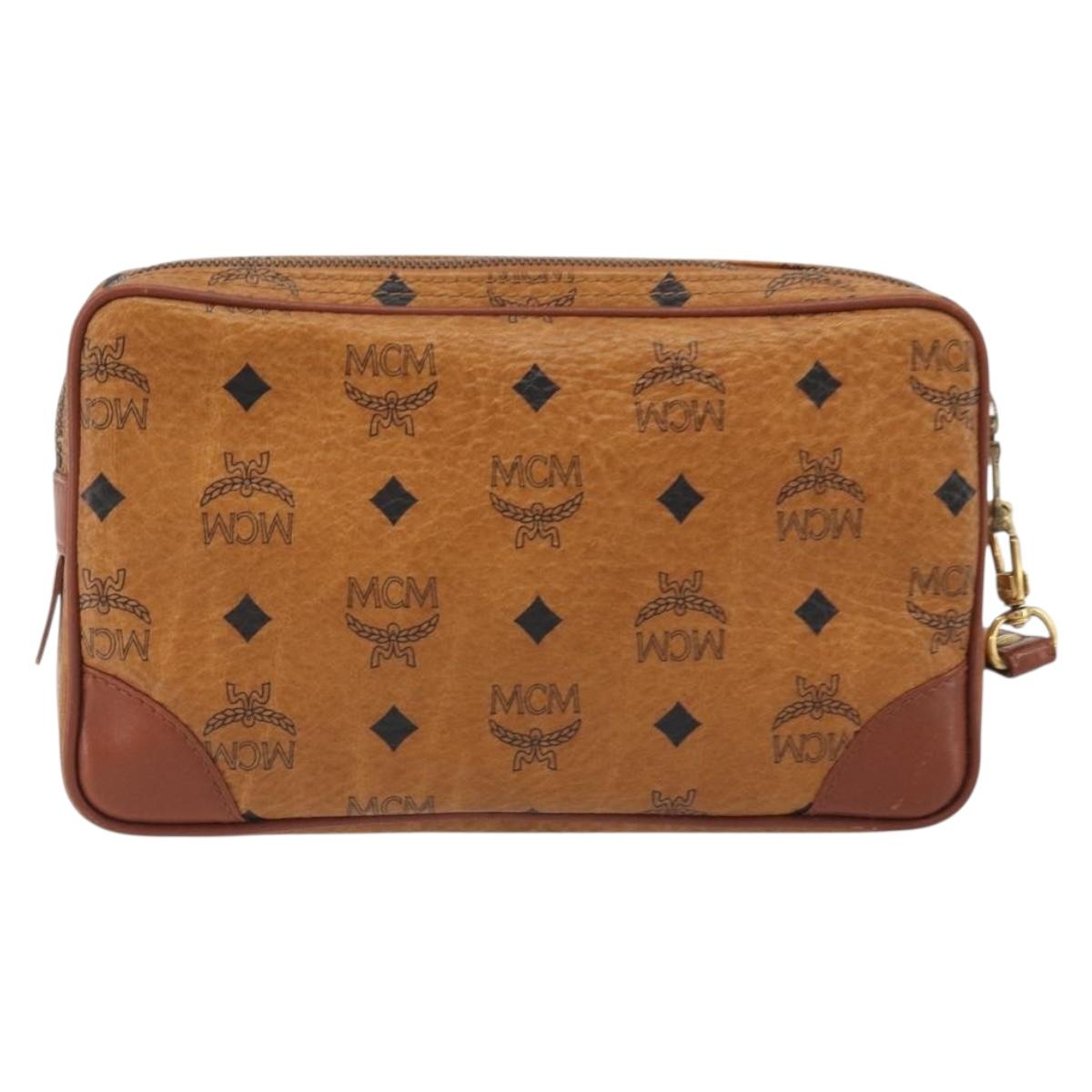MCM Vicetos Logogram Clutch Bag PVC Leather Brown Gold Auth 194313A