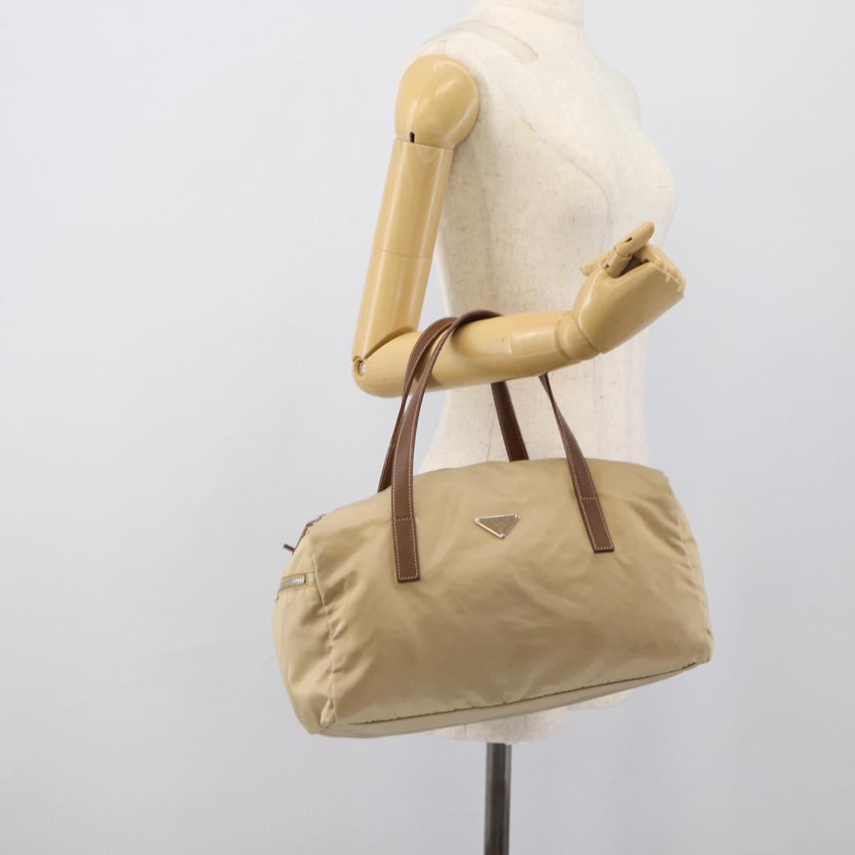 PRADA Hand Bag Nylon Beige Silver Auth 194328A