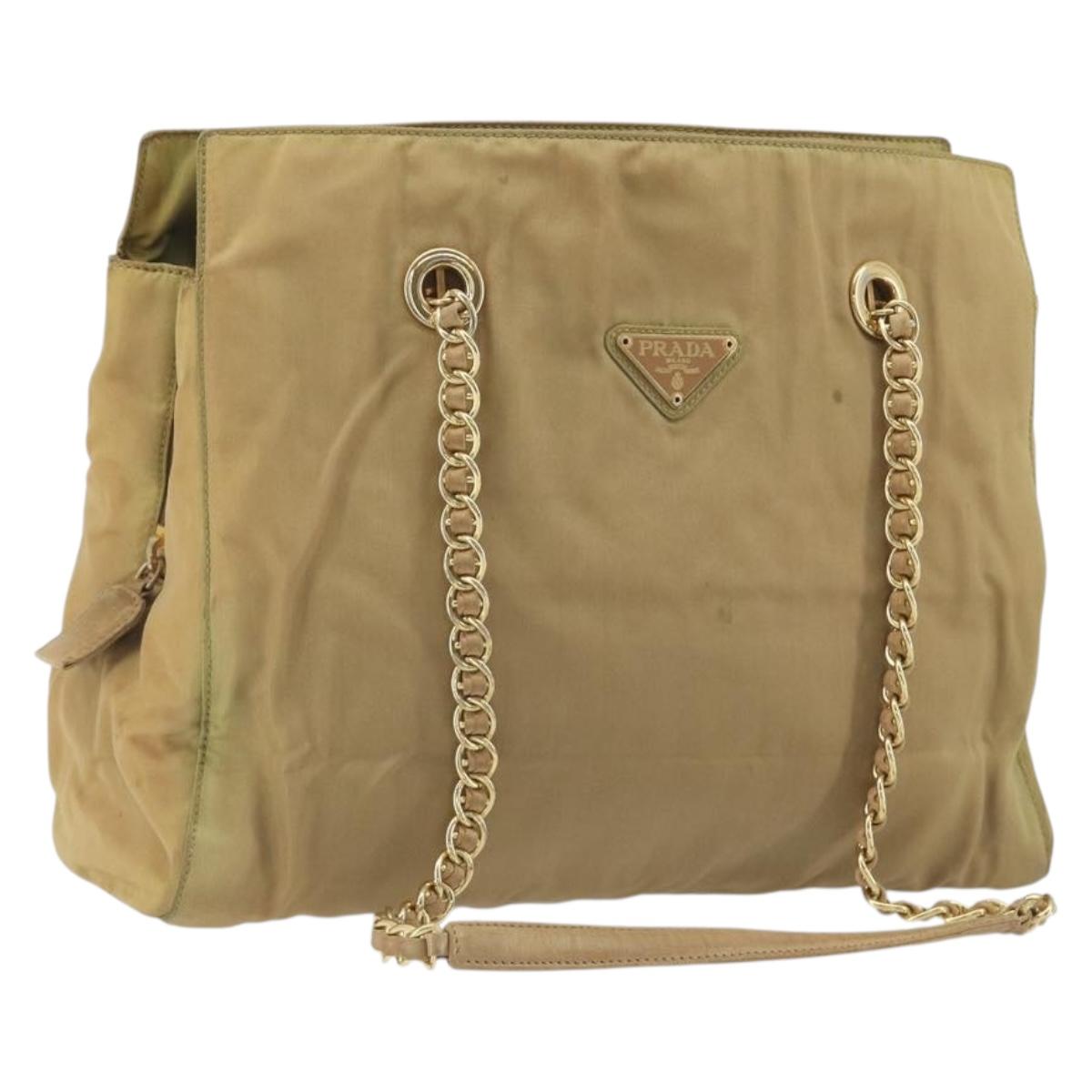 PRADA Chain Tote Bag Nylon Beige Gold Auth 194329