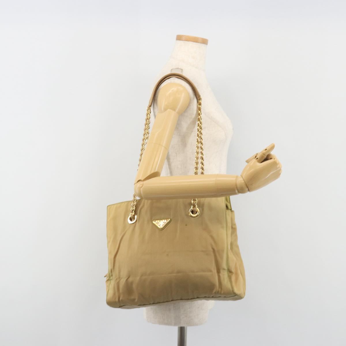 PRADA Chain Tote Bag Nylon Beige Gold Auth 194329