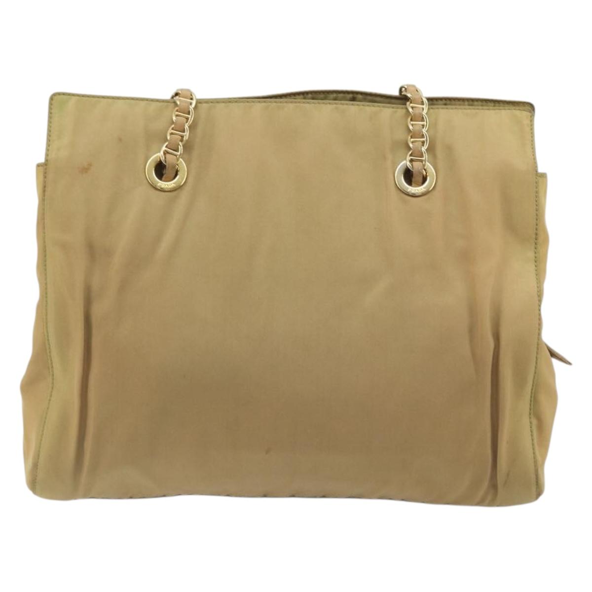 PRADA Chain Tote Bag Nylon Beige Gold Auth 194329