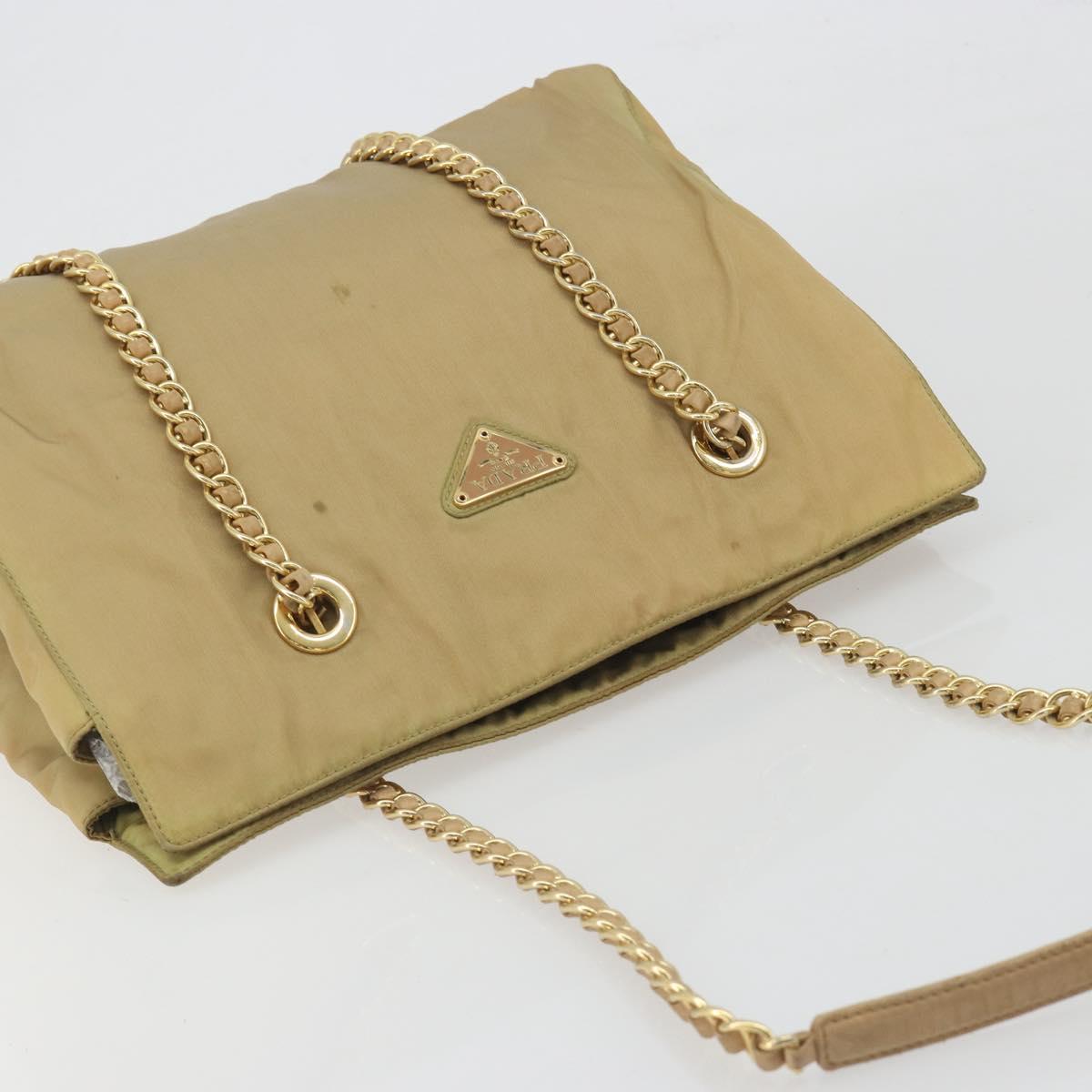 PRADA Chain Tote Bag Nylon Beige Gold Auth 194329