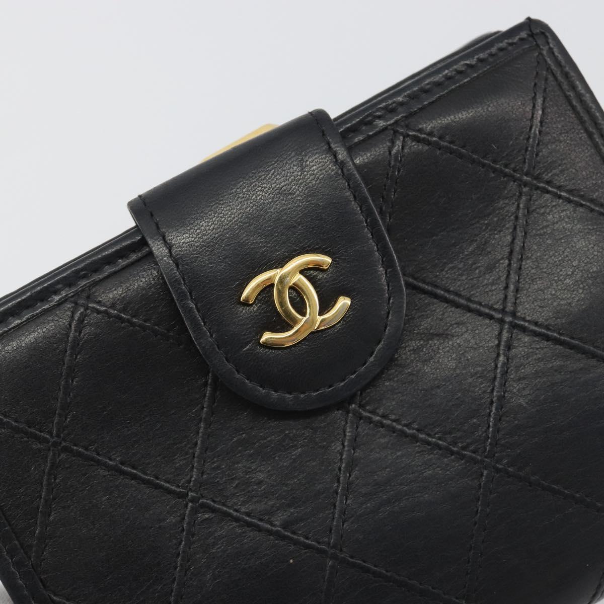 CHANEL Bicolore Bifold Wallet Lamb Skin Black Gold CC Auth 194348A