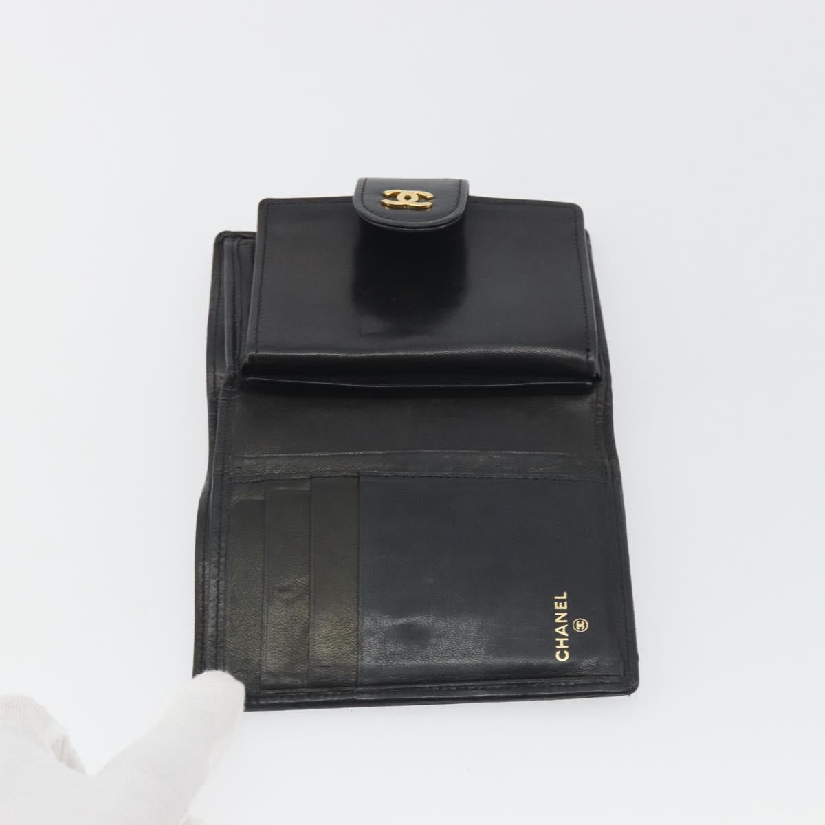 CHANEL Bicolore Bifold Wallet Lamb Skin Black Gold CC Auth 194348A