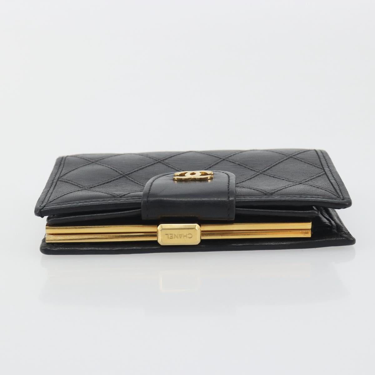 CHANEL Bicolore Bifold Wallet Lamb Skin Black Gold CC Auth 194348A