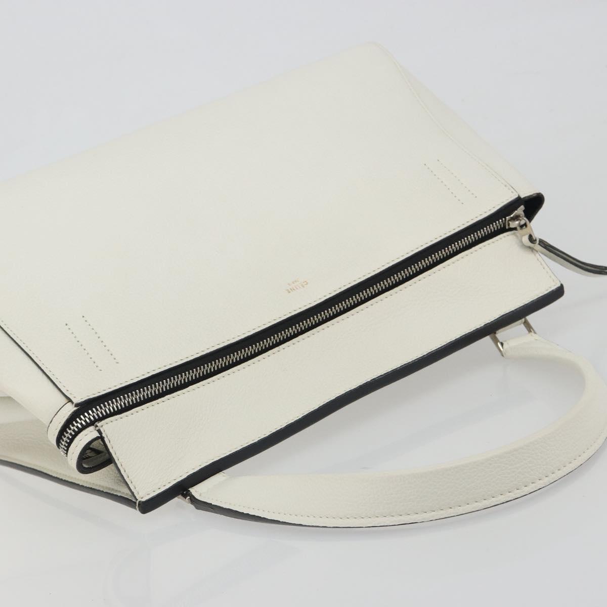 CELINE Edge Medium Hand Bag Leather White Silver Auth 194359A