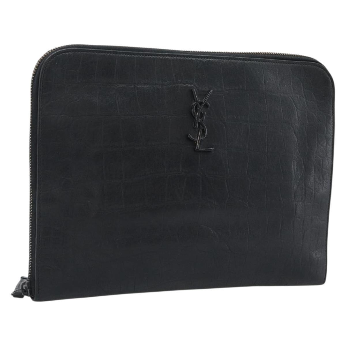 SAINT LAURENT Clutch Bag Leather Embossed Black Auth 194360A