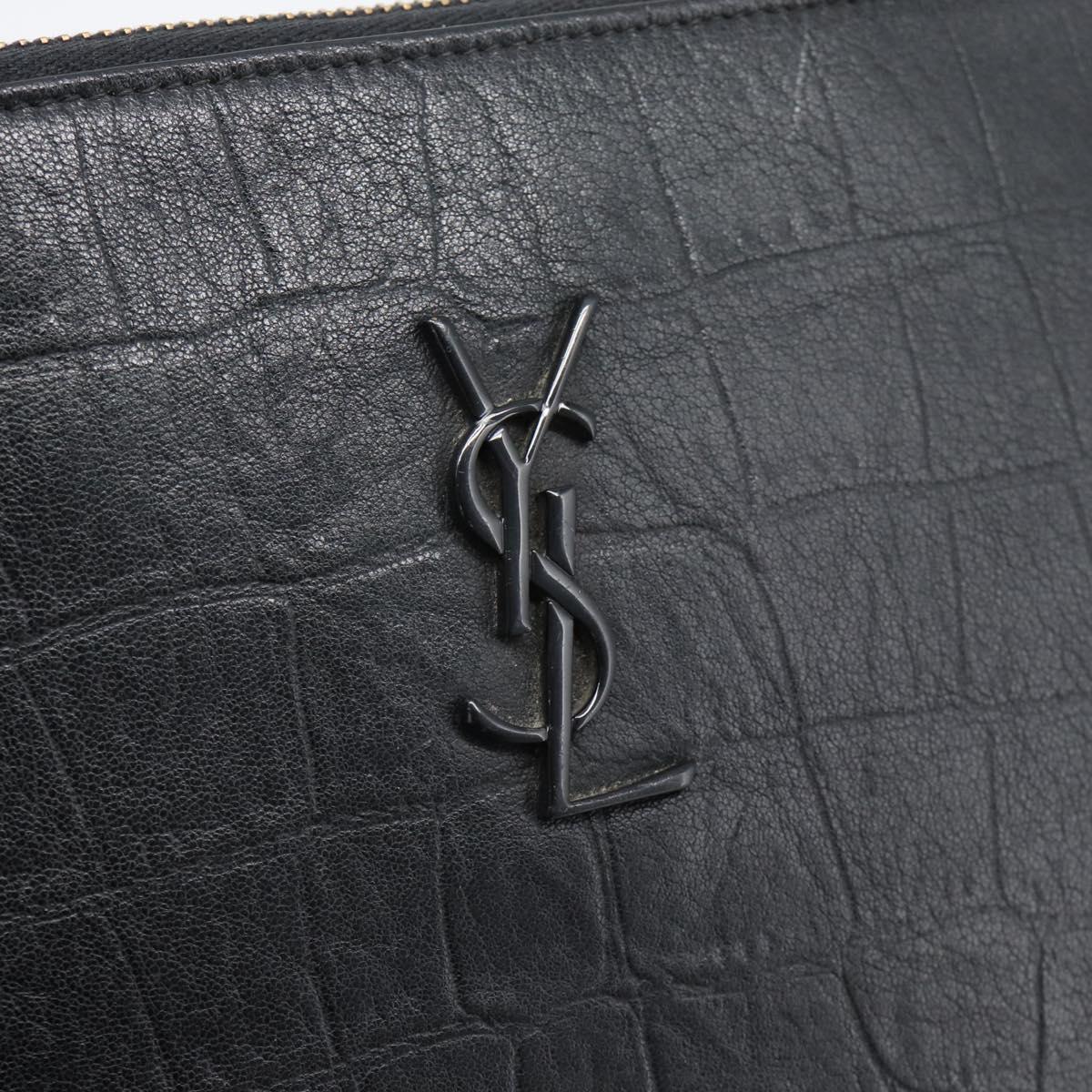 SAINT LAURENT Clutch Bag Leather Embossed Black Auth 194360A