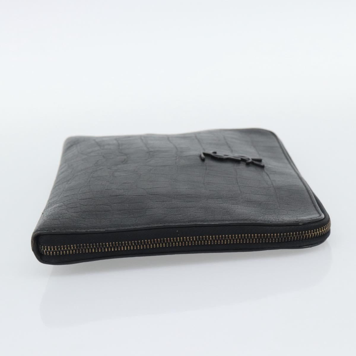 SAINT LAURENT Clutch Bag Leather Embossed Black Auth 194360A