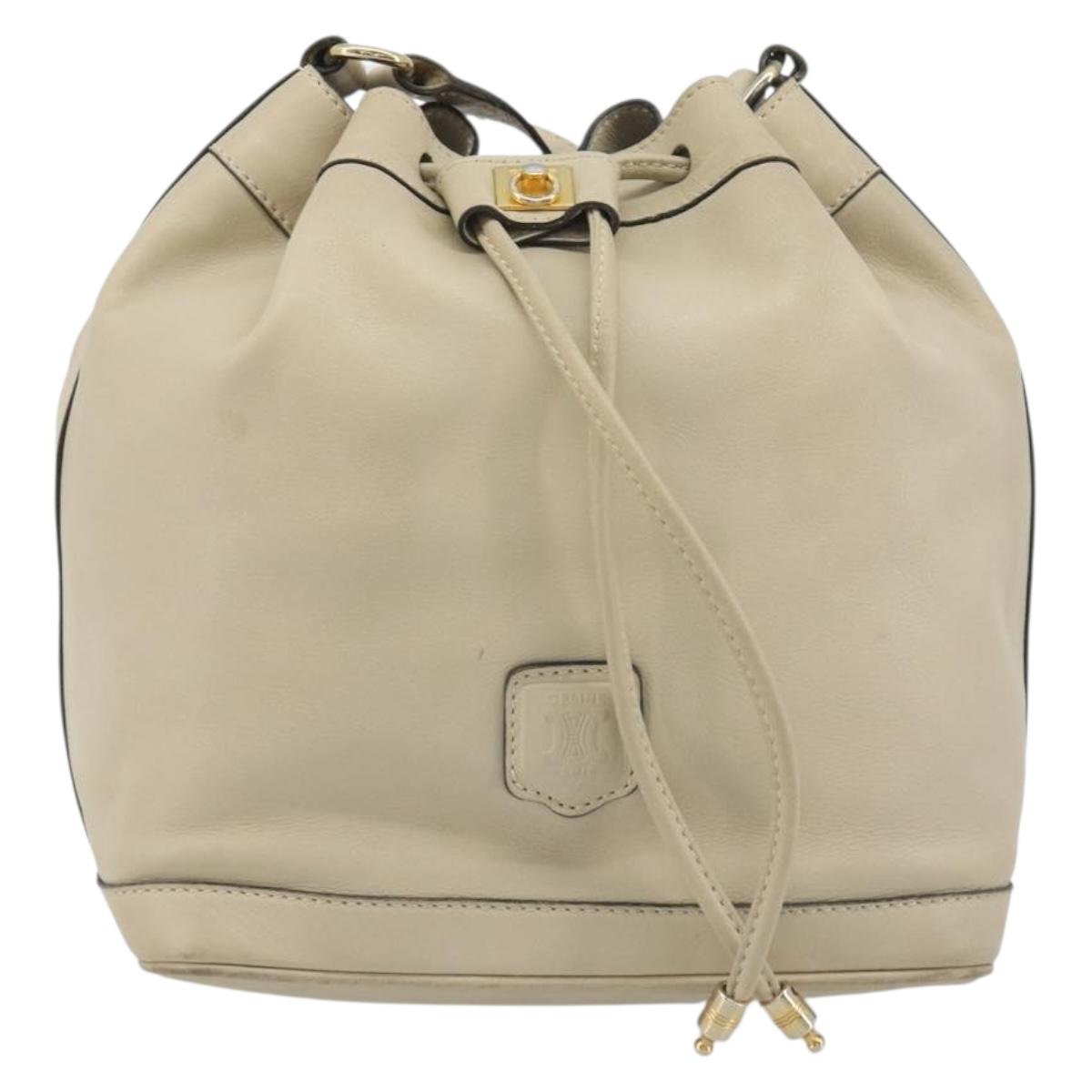 CELINE Shoulder Bag Leather Beige Gold Auth 194372