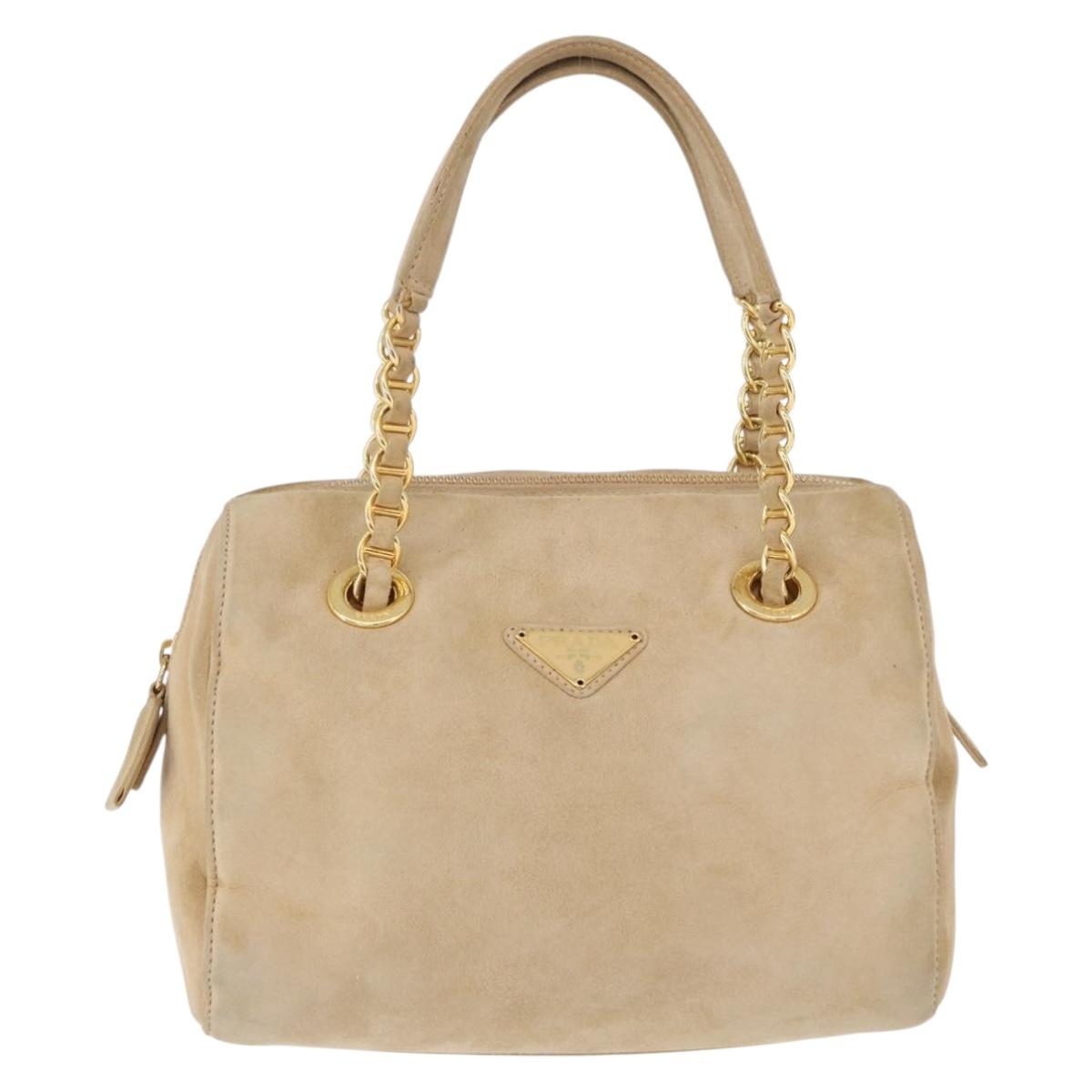 PRADA Hand Bag Suede Beige Gold Auth 194377A